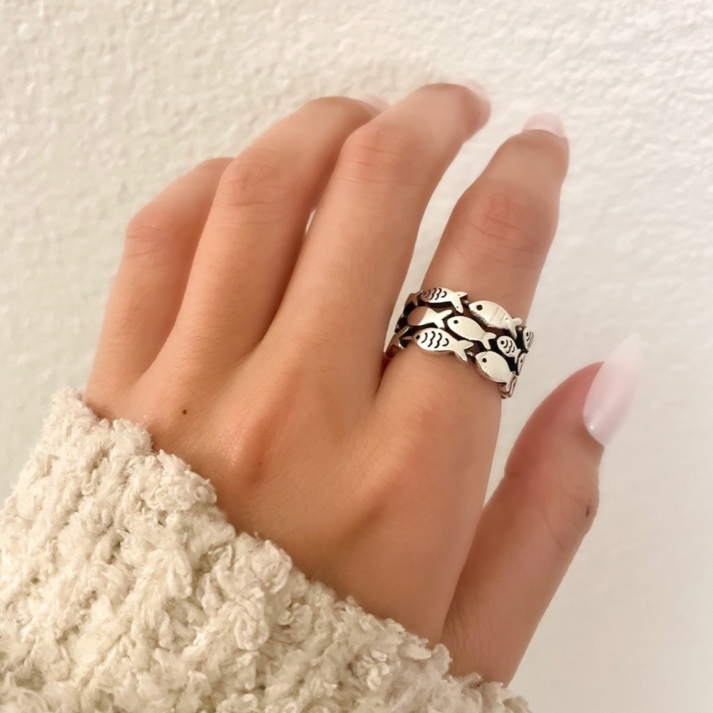 925 Sterling Silver Fish Ring School of Fish Ring Dainty Fish Ring Band - Picture 6 of 9